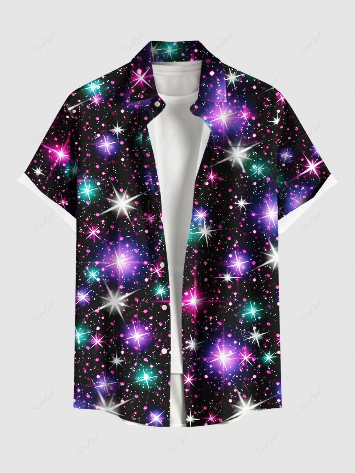 Chemise Manches Longues à Imprimé Etoiles Brillantes Colorée et Galaxie pour Hommes Grande-Taille Noir XL