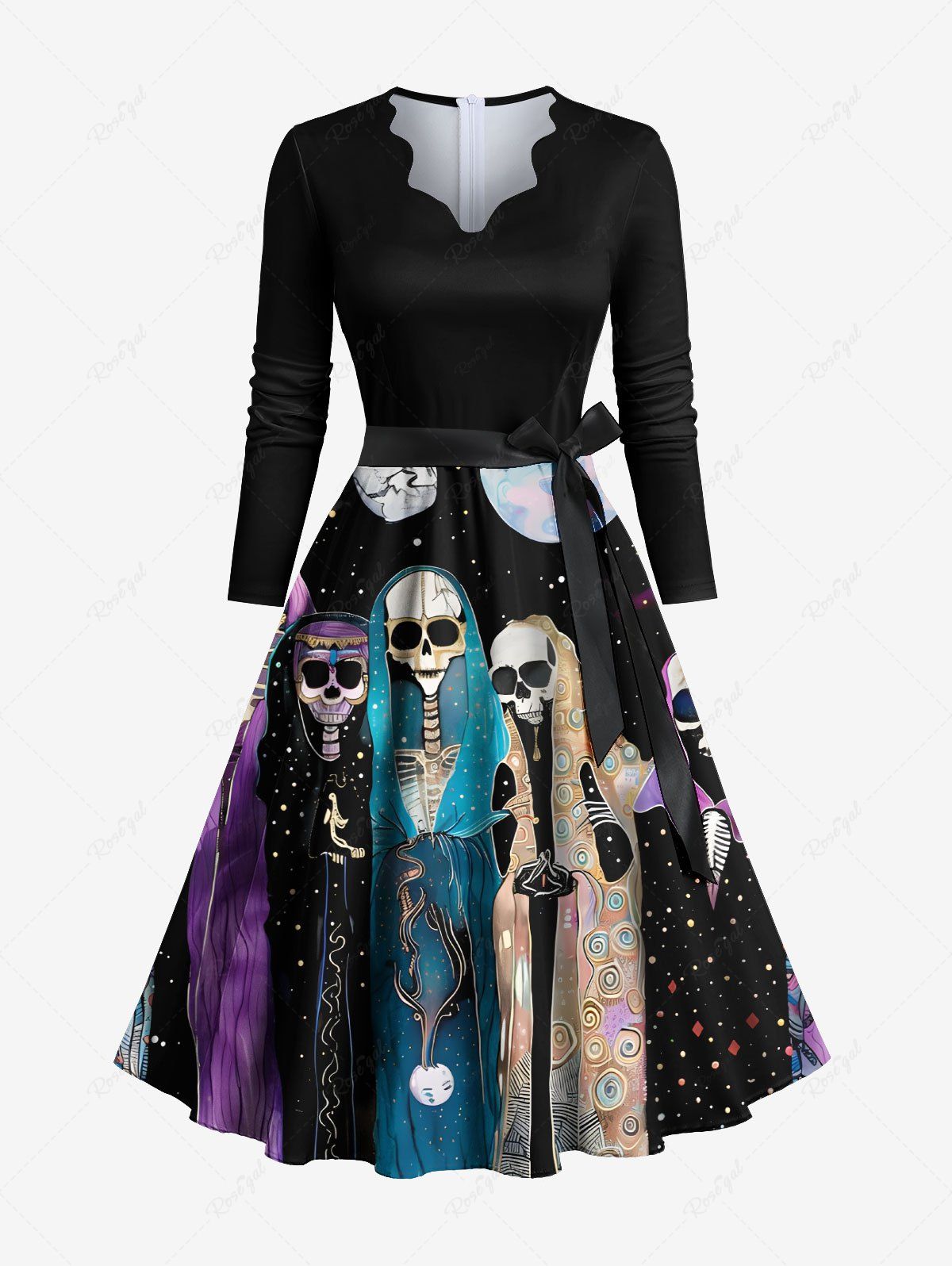 Online Plus Size Skull Skeleton Moon Planet Galaxy Print Scalloped Neck A Line Dress with Tied Belt  