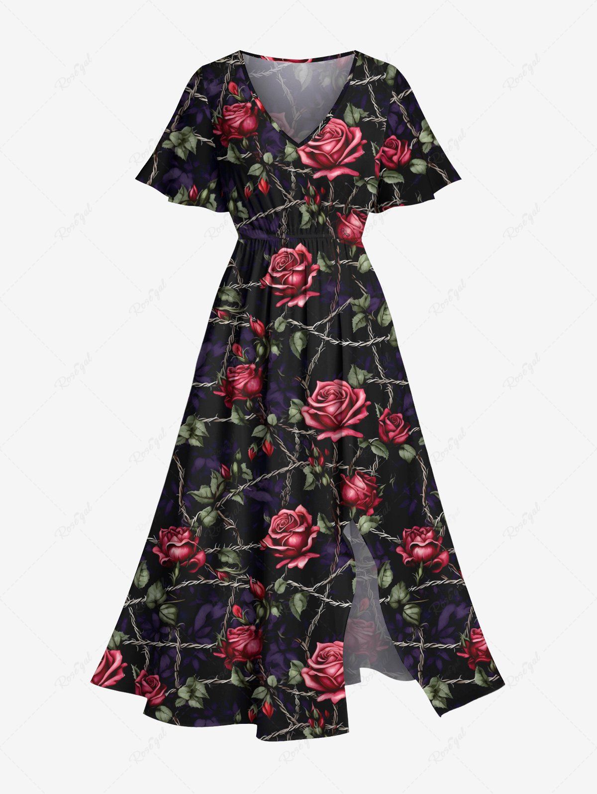 Latest Plus Size Rose Flower Leaf Vine Branch Print Hawaii Valentines Split Pocket  A Line Midi Dress  