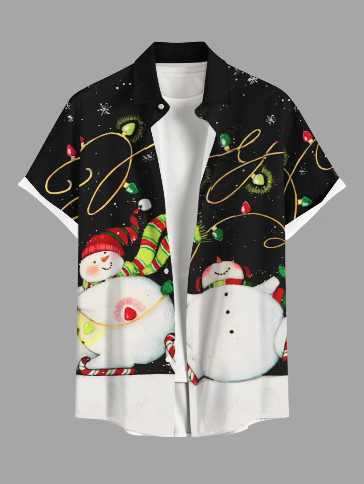 Chemise Bonhomme de Neige Lumière et Flocon de Neige Imprimés en Blocs de Couleurs avec Poche de Grande Taille pour Homme Noir M