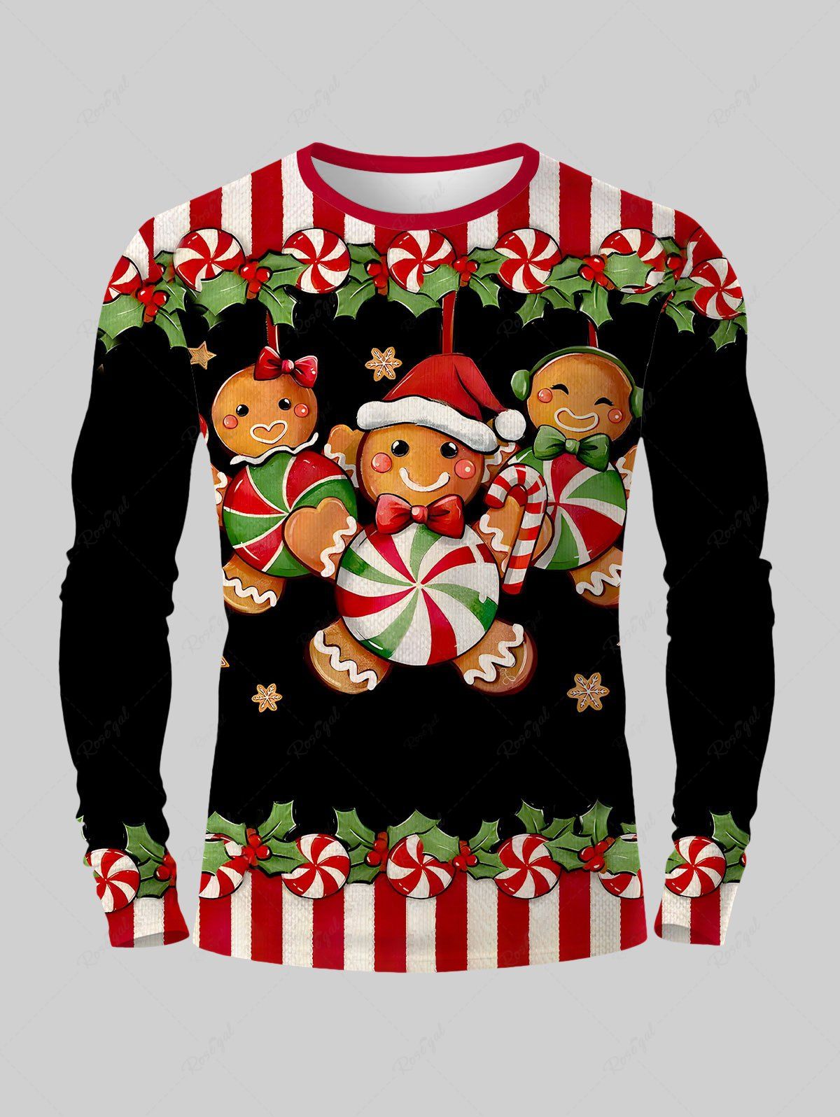 T-shirt Imprimé Trèfle et Bonbon de Noël Grande Taille pour Homme Noir XL