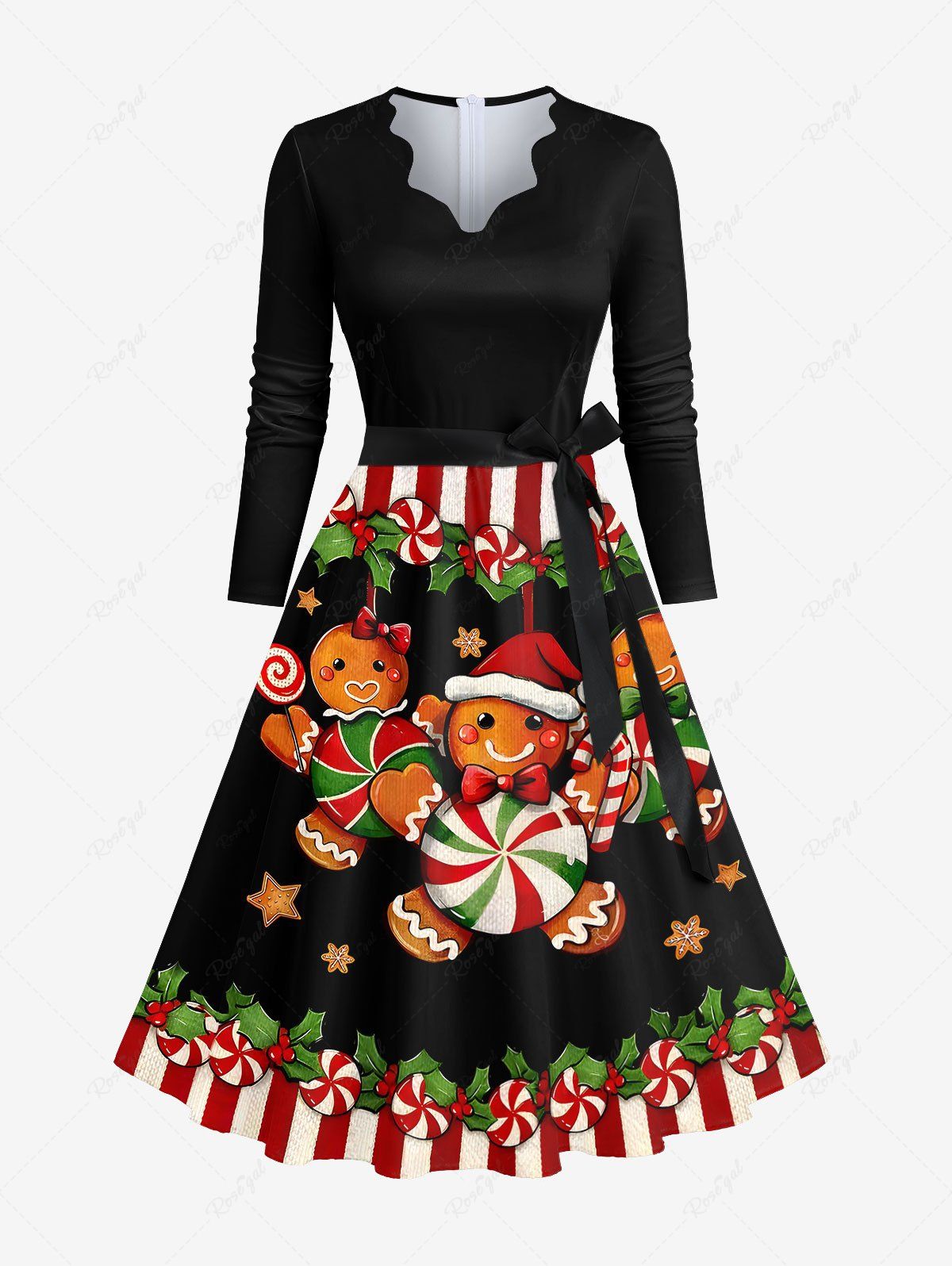 Fashion Plus Size Christmas Candy Holy Fruit Gingerbread Star Print Scalloped V Neck Dress With A Belt  