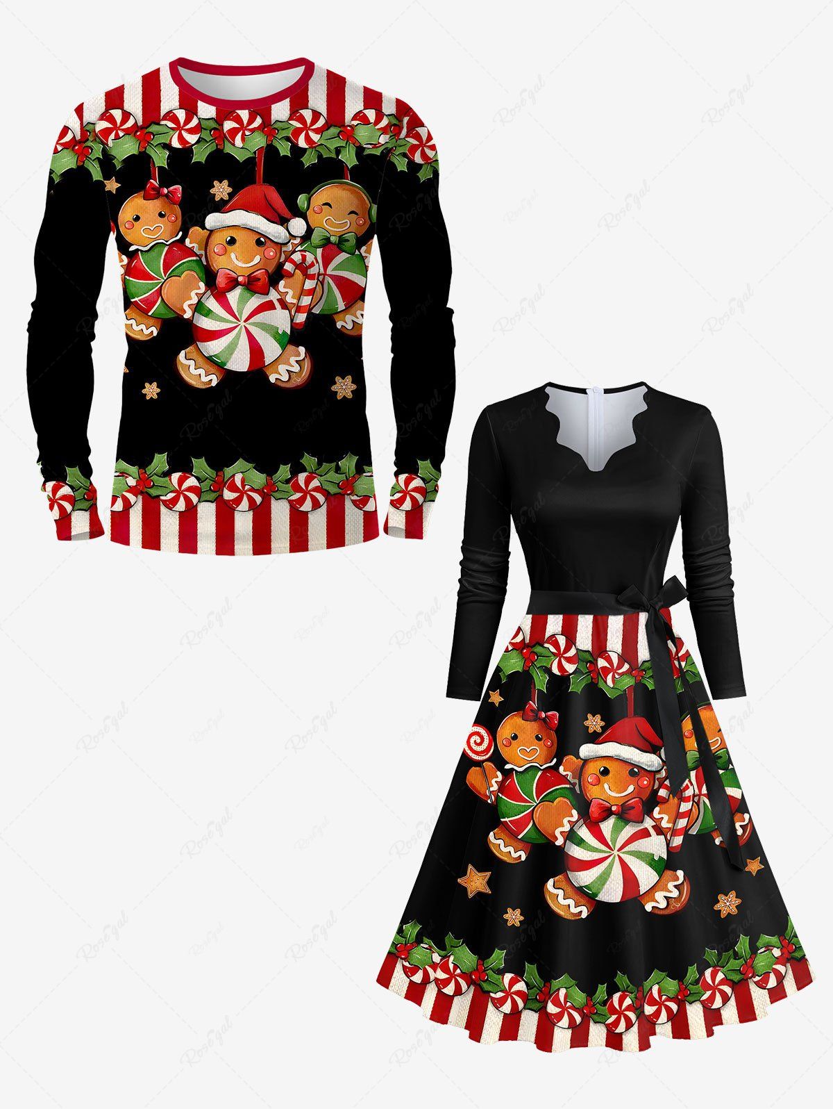 Tenue Adorable à Imprimé Etoiles Au Gingembre et Fruits de Noël Grande-Taille pour Couples Noir 
