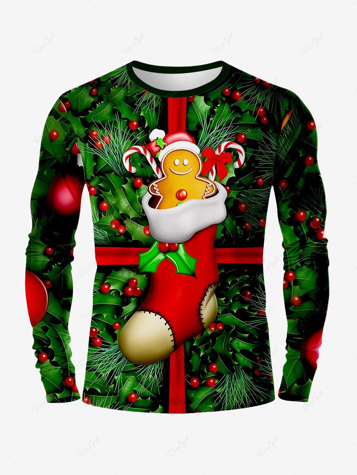 Store Plus Size Christmas Sock Holy Fruit Leaf Candy Gingerbread Print T-shirt For Men  