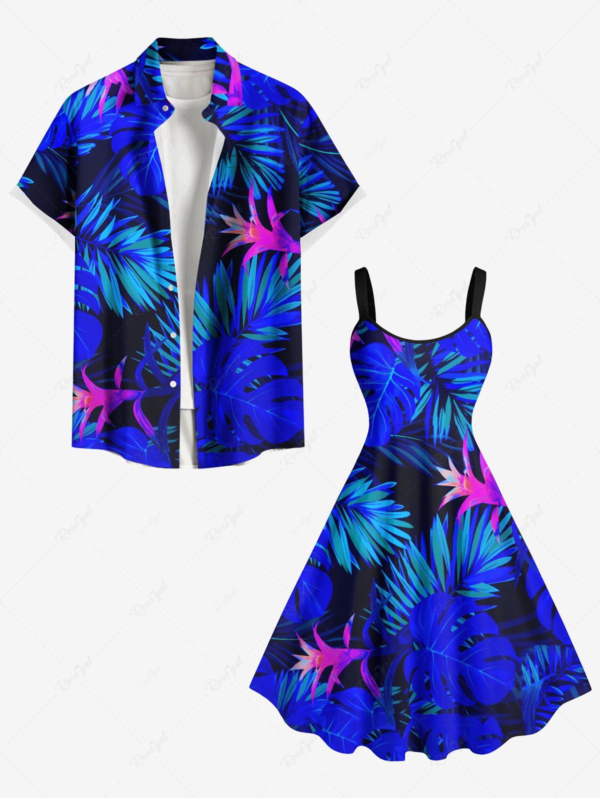 Tenue de Plage à Imprimé Feuilles Tropicales Grande-Taille pour Couples Bleu 