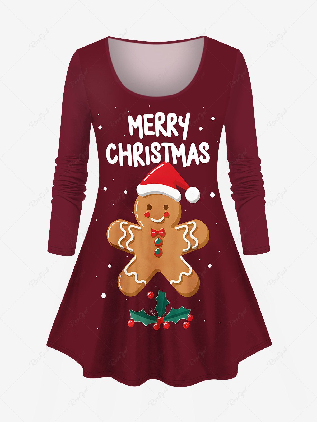 T-shirt Imprimé Feuilles et Lettre Noël Grande Taille Rouge foncé 6X