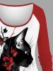 Plus Size Floral Butterfly Cat Print Raglan Sleeves T-shirt -  