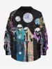 Plus Size Skull Skeleton Moon Planet Galaxy Print Button Long Sleeves Shirt For Men -  