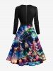 Plus Size Colorful Christmas Tree Elk Gift Ball Galaxy Print Scalloped Neck A Line Dress with Tied Belt -  