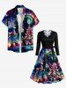 Plus Size Colorful Christmas Tree Elk Gift Ball Galaxy Print Scalloped Neck A Line Dress with Tied Belt -  