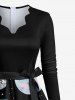 Plus Size Skull Skeleton Moon Planet Galaxy Print Scalloped Neck A Line Dress with Tied Belt -  