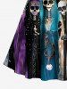 Plus Size Skull Skeleton Moon Planet Galaxy Print Scalloped Neck A Line Dress with Tied Belt -  