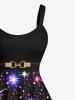 Plus Size Christmas Colorful Glitter Sparkling Stars Galaxy Belt Print A Line Tank Dress -  