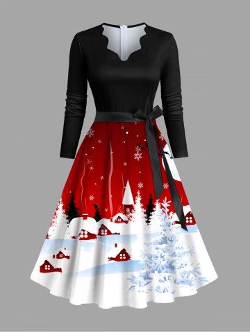 Plus Size Christmas Tree Moon Elk Snowflake Print Scalloped V Neck Dress With A Belt - MULTI-A - 6XL