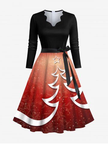 Plus Size Christmas Tree Star Snowflake Glitter 3D Print Scalloped V Neck Dress With A Belt - BLACK - 3XL