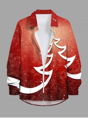 Plus Size Christmas Tree Star Snowflake Glitter 3D Print Buttons Pocket Shirt For Men - RED - 5XL