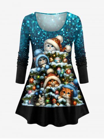 Plus Size Christmas Tree Ball Hat Cats Sparkling Sequin 3D Print T-shirt - MULTI-A - L