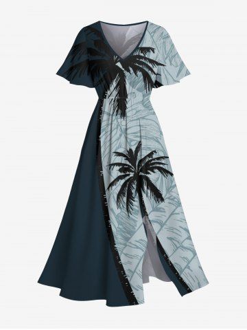 Robe Mi-longue Feuille Tropicale Fendue en Blocs de Couleurs Grande Taille - MULTI-A - XS