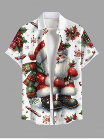 Plus Size Christmas Snowflake Holly Santa Claus Candy Print Button Pocket Shirt For Men - WHITE - L