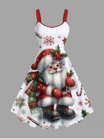 Plus Size Christmas Snowflake Holly Santa Claus Candy Print A Line Tank Dress - WHITE - L