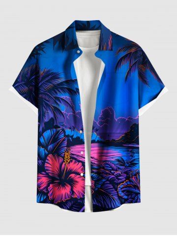 Plus Size Coconut Tree Floral Sea Galaxy Cloud Print Hawaii Button Pocket Shirt For Men - BLUE - 4XL