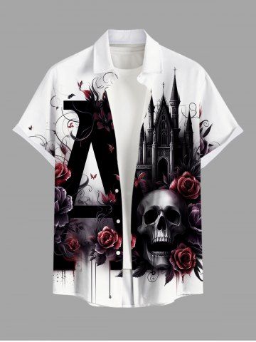 Plus Size Skull Rose Flower Ink Painting Castle Letter Print Button Pocket Shirt For Men - WHITE - L