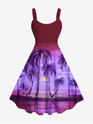 Plus Size Coconut Tree Sun Ombre Print Hawaii Tank Dress - PURPLE - L