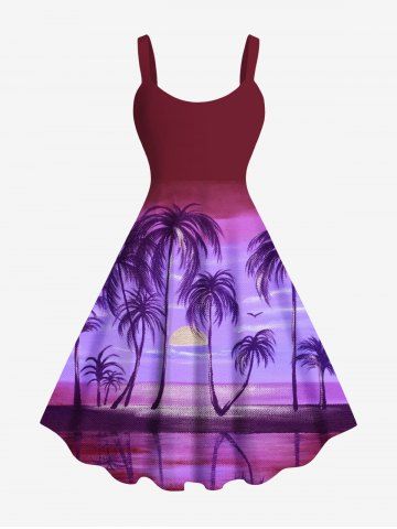 Plus Size Coconut Tree Sun Ombre Print Hawaii Tank Dress - PURPLE - 3X