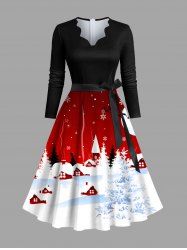 Plus Size Christmas Tree Moon Elk Snowflake Print Scalloped V Neck Dress With A Belt -  