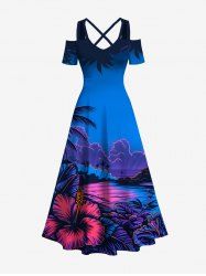 Plus Size Coconut Tree Floral Sea Galaxy Cloud Print Hawaii Crisscross A Line Maxi Dress -  