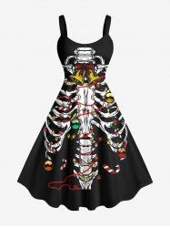 Plus Size Skeleton Christmas Tree Ball Bell Light Candy Print A Line Tank Dress -  