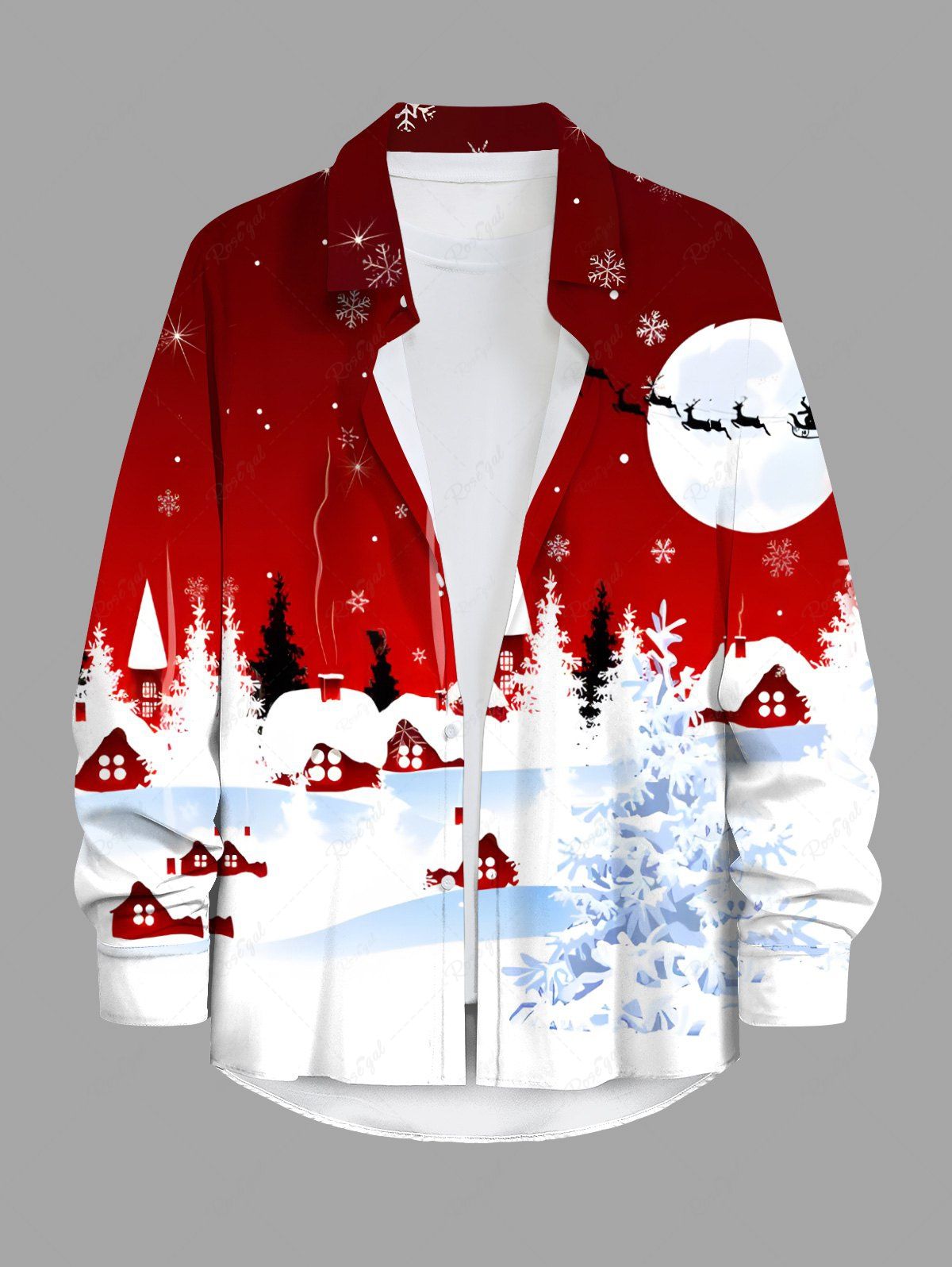 New Plus Size Christmas Tree Moon Elk Snowflake Print Buttons Pocket Shirt For Men  