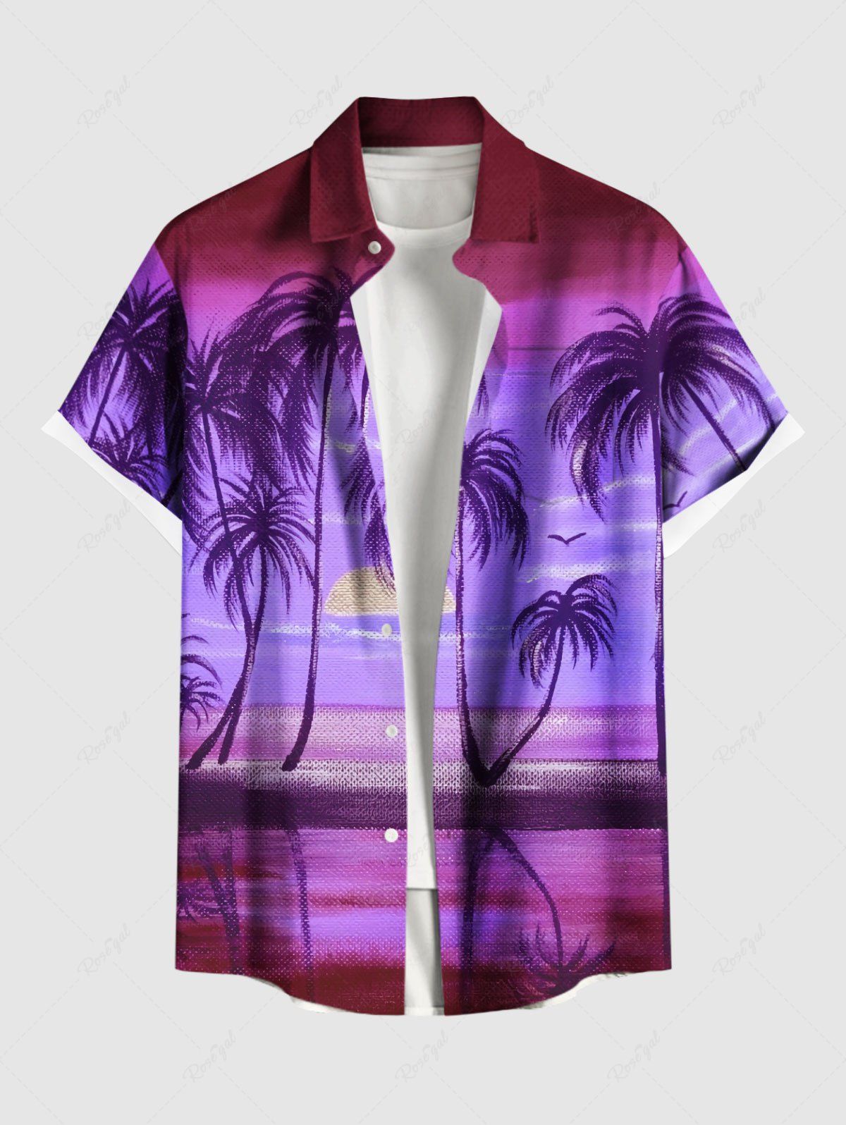 Unique Plus Size Coconut Tree Sun Ombre Print Buttons Pocket Hawaii Shirt For Men  