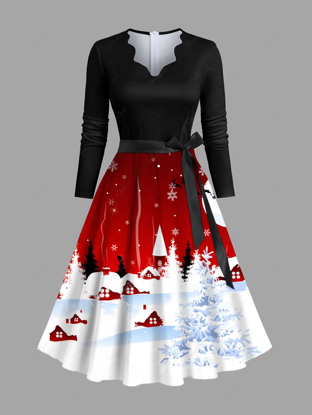 Hot Plus Size Christmas Tree Moon Elk Snowflake Print Scalloped V Neck Dress With A Belt  