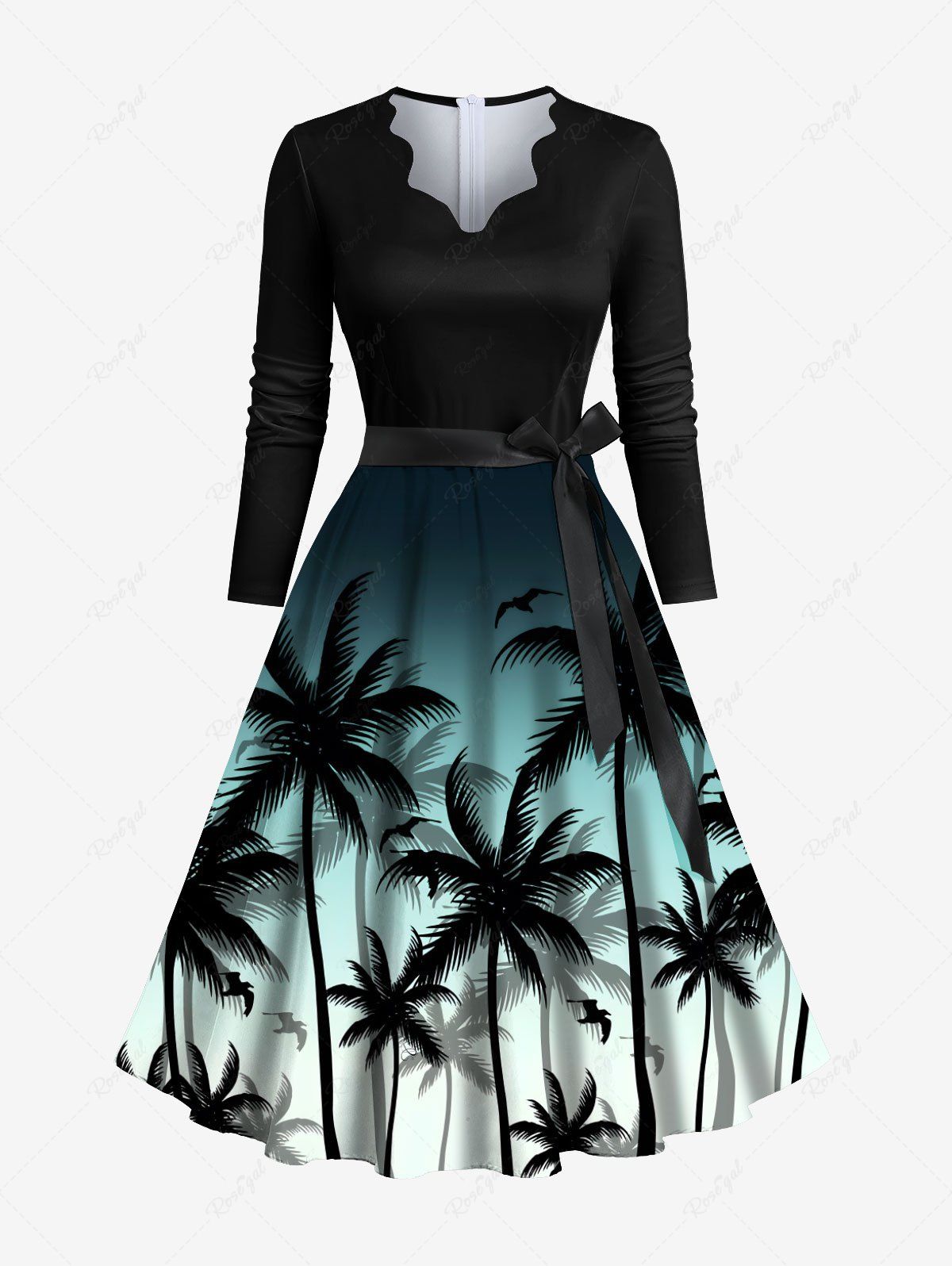 Cheap Plus Size Ombre Coconut Tree Bird Print Scalloped V Neck Hawaii Dress With A Belt  