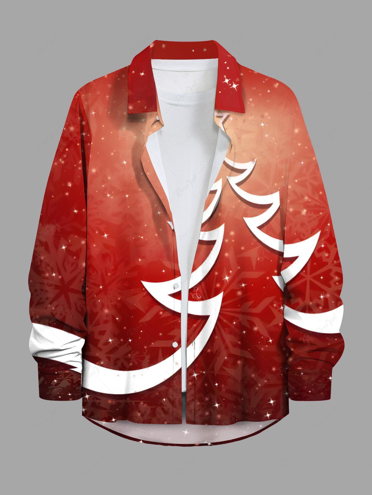Chemise 3D Etoile Sapin de Noël et Flocon de Neige Imprimés de Grande Taille avec Poche à Paillettes Rouge 2XL