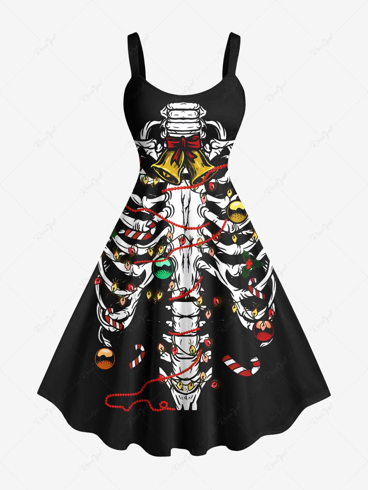 Chic Plus Size Skeleton Christmas Tree Ball Bell Light Candy Print A Line Tank Dress  