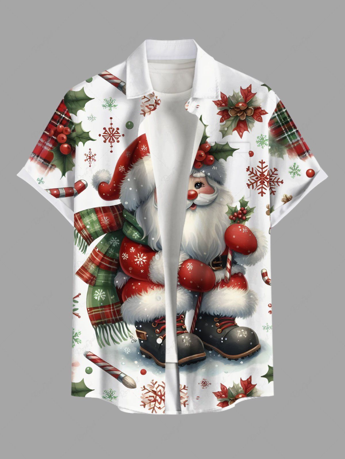 Chemise à Boutons avec Poche Kangourou et à Imprimé Père Noël et Flocons de Neige Grande-Taille pour Hommes Blanc M