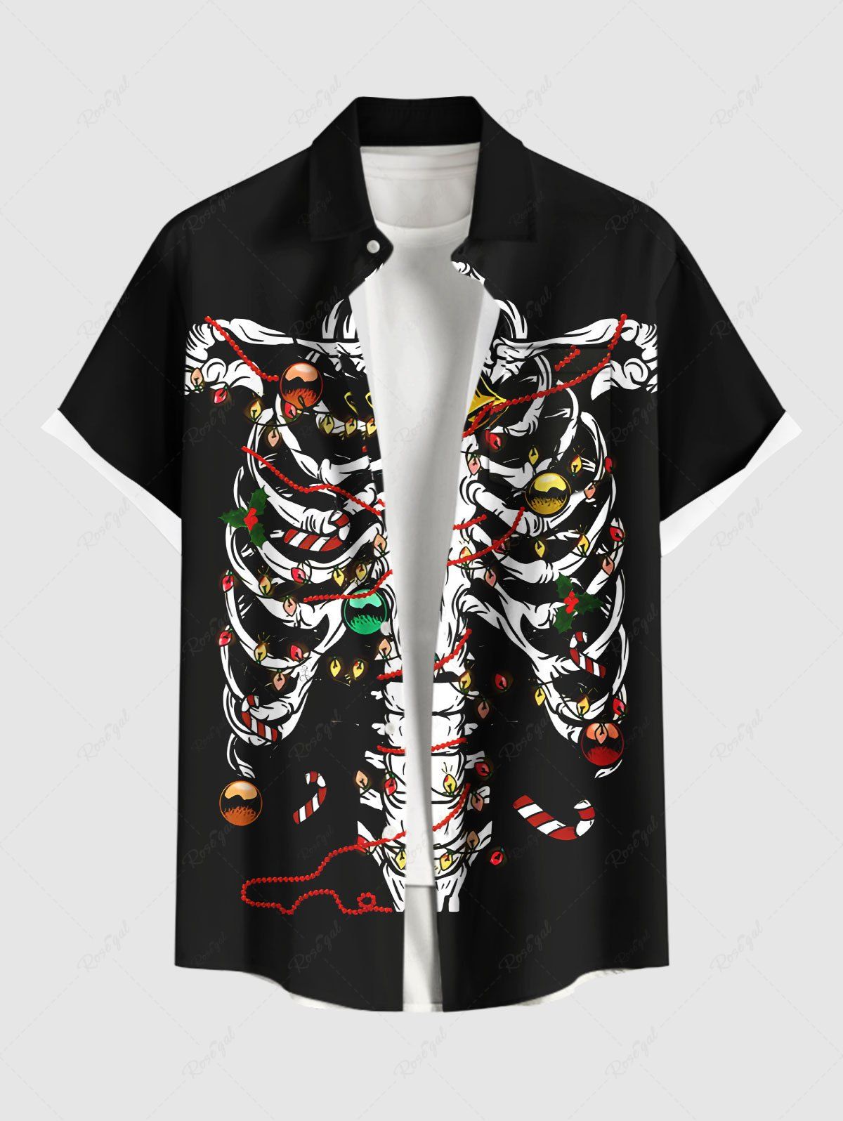 Store Plus Size Skeleton Christmas Tree Ball Bell Light Candy Print Button Pocket Shirt For Men  