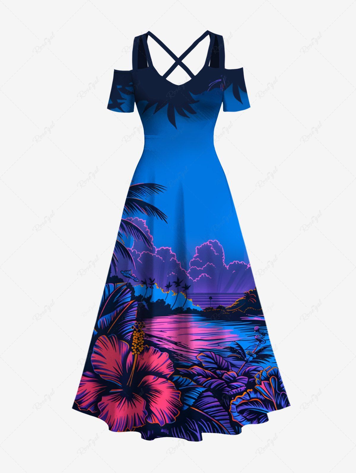 Chic Plus Size Coconut Tree Floral Sea Galaxy Cloud Print Hawaii Crisscross A Line Maxi Dress  
