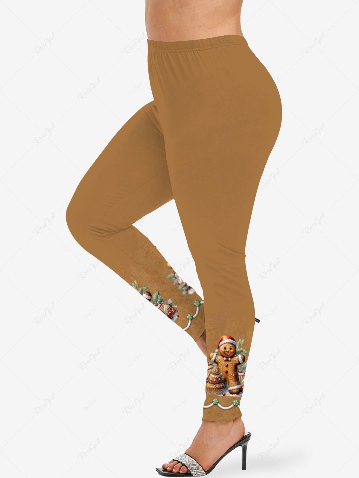 Fancy Plus Size Christmas Hat Gingerbread Candy Holy Fruit Leaf Print Leggings  