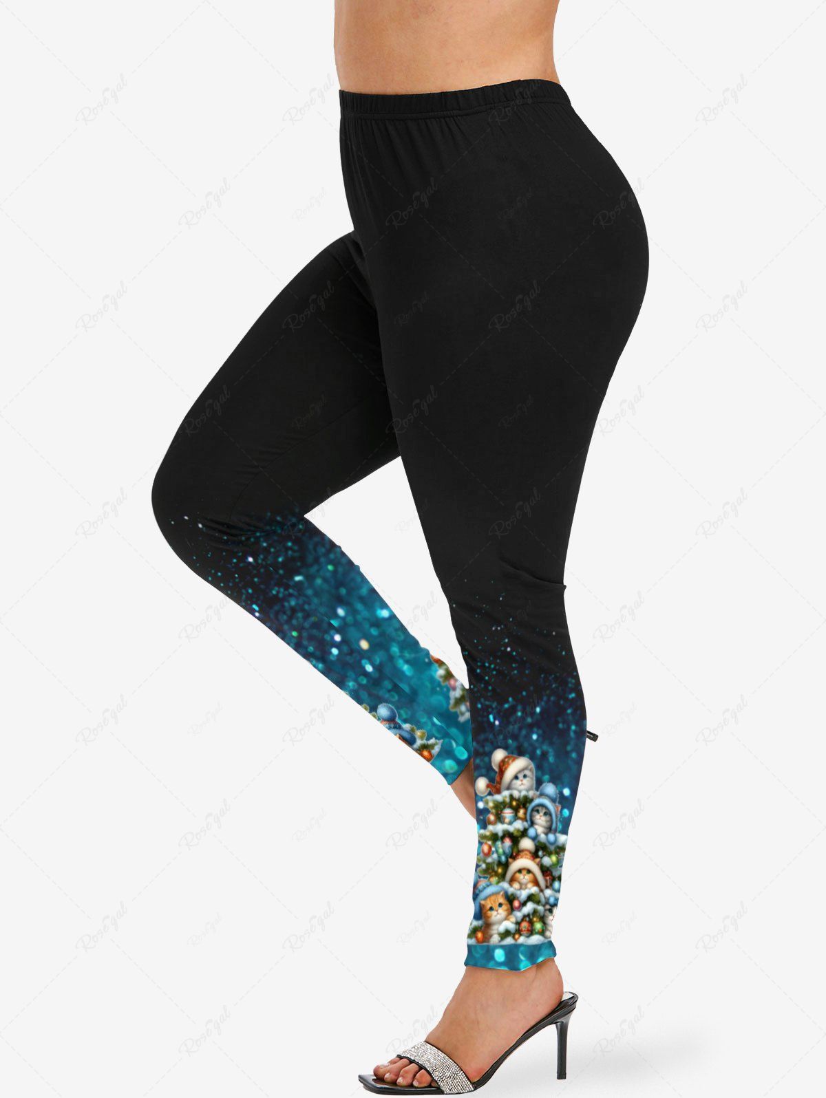 Buy Plus Size Christmas Tree Ball Hat Cats Sparkling Sequin 3D Print Leggings  