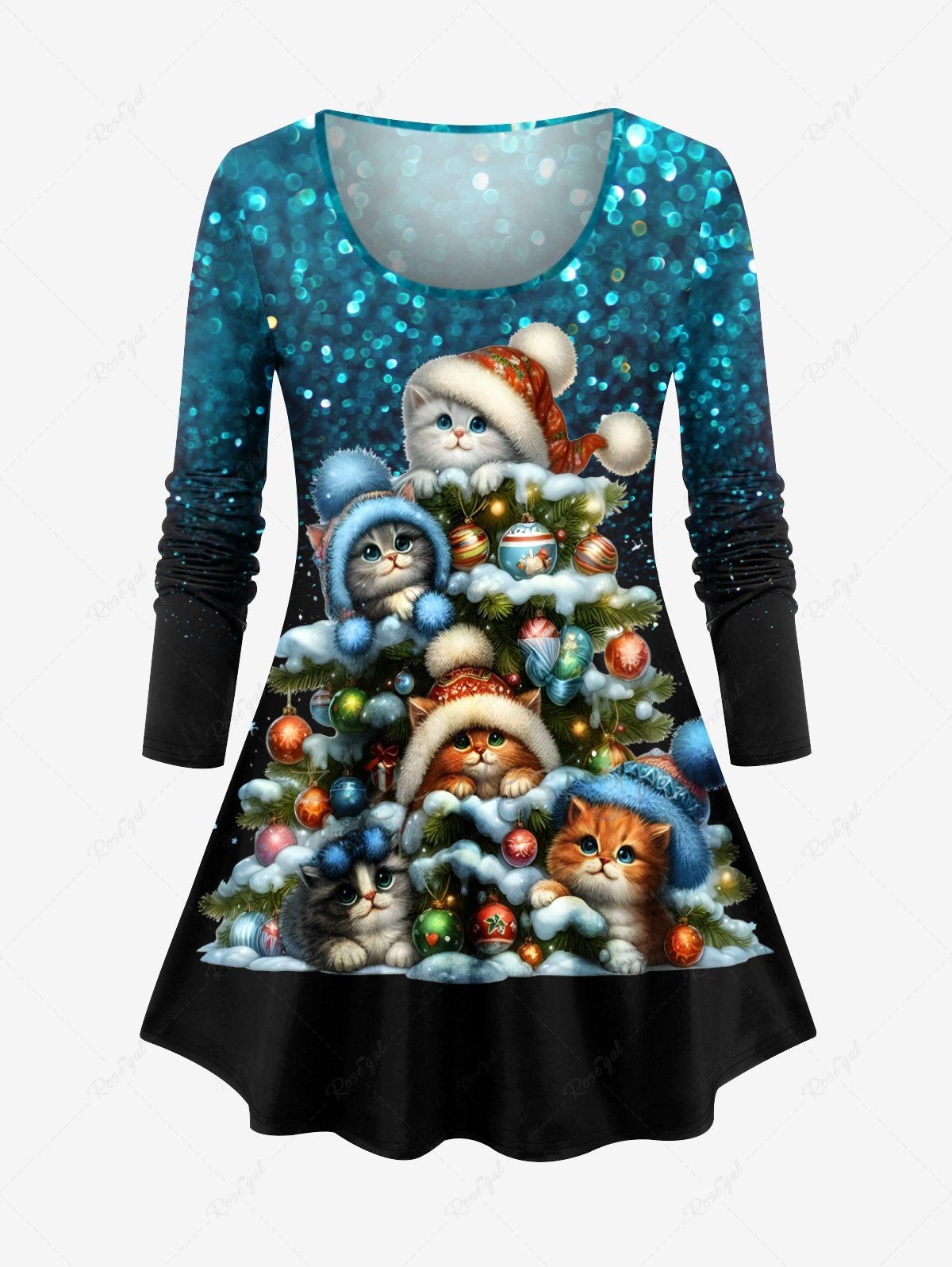 Shops Plus Size Christmas Tree Ball Hat Cats Sparkling Sequin 3D Print T-shirt  