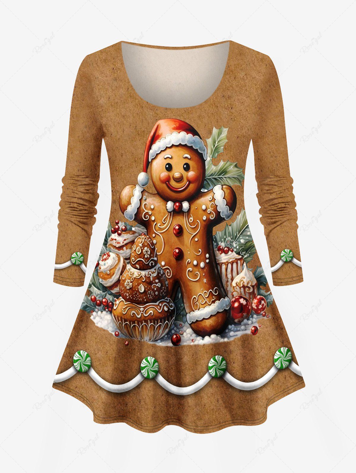 Hot Plus Size Christmas Hat Gingerbread Candy Holy Fruit Leaf Print T-shirt  
