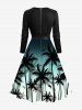 Plus Size Ombre Coconut Tree Bird Print Scalloped V Neck Hawaii Dress With A Belt -  