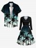 Plus Size Ombre Coconut Tree Bird Print Scalloped V Neck Hawaii Dress With A Belt -  