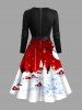 Plus Size Christmas Tree Moon Elk Snowflake Print Scalloped V Neck Dress With A Belt -  