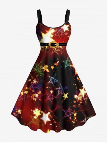 Plus Size Christmas Ombre Glitter Stars Belt Print A Line Dress - RED - 4X