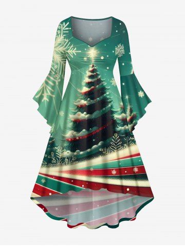 Plus Size Christmas Tree Snowflake Colorful Striped Print Ruched High Low Asymmetric Dress - GREEN - M