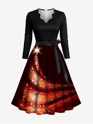 Plus Size Christmas Tree Star Light Beam Glitter 3D Print Scalloped V Neck Dress With A Belt - BLACK - M